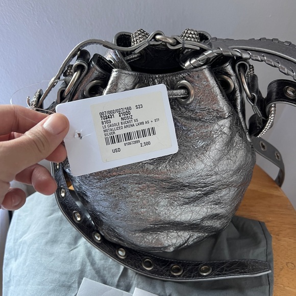 BNWT Balenciaga Agneau Le Cagole XS Bucket Bag Rhinestones Metallic Silver - Picture 4 of 11